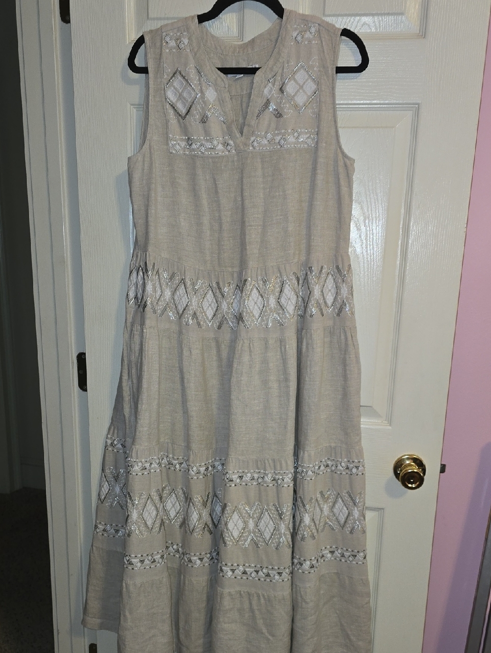 Sleeveless Cream Maxi Dress with Silver Embroidered Accents